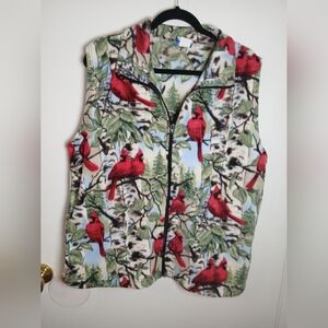 PFI‎ Fashions Fleece Vest Cardinal Bird Birch Tree Print Zip Up Large Cabincore